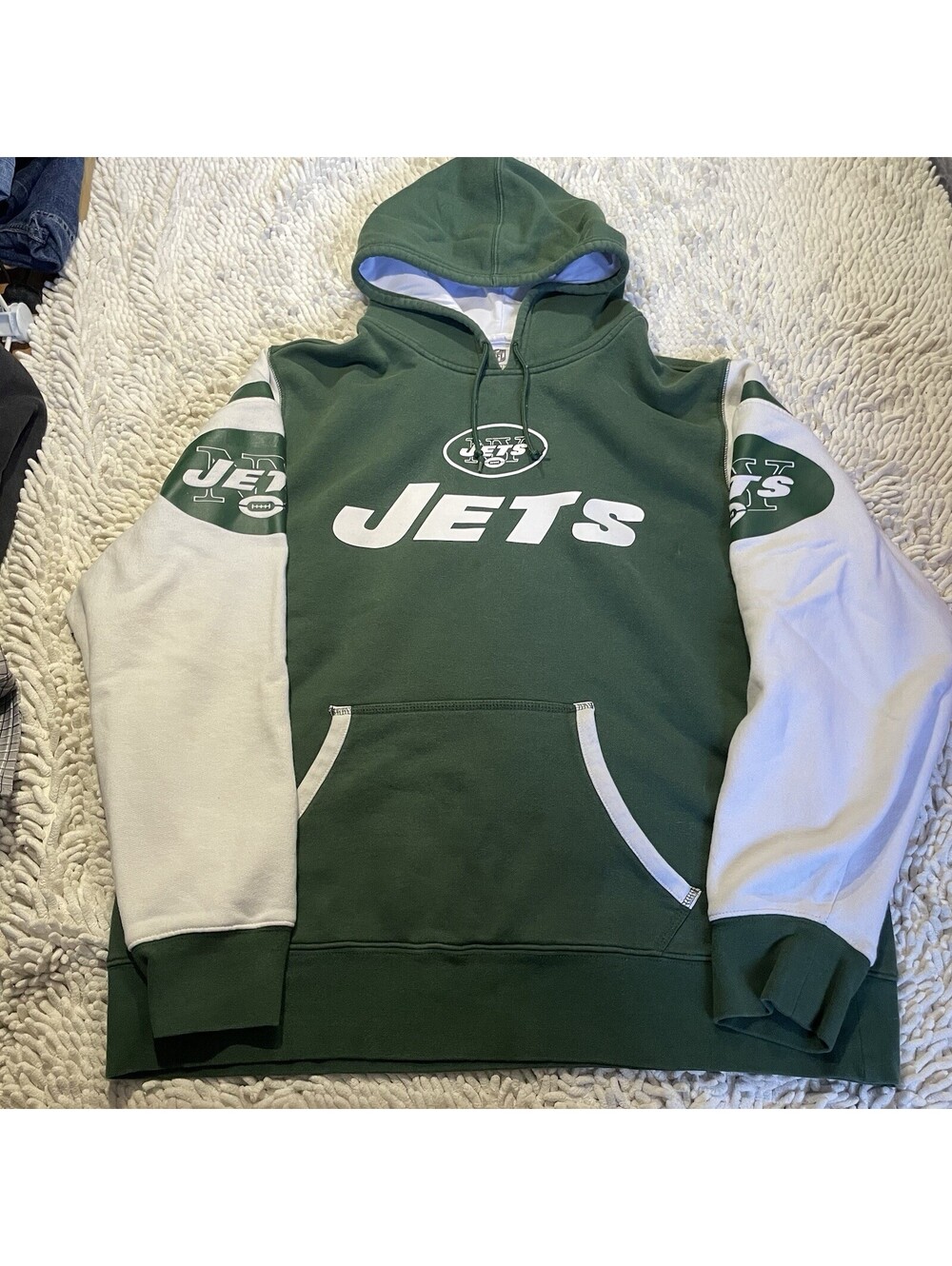 New York Jets Sweater Mens L Green White NFL Football Hoodie Patches *READ*